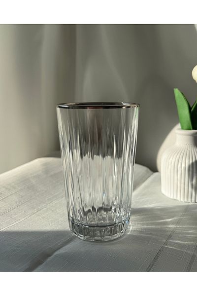 Şahika Kristal cama atılan imza 6-Piece Ahsen Platinum (Silver) Soft Drink, Water and Coffee Glass Set 350ml