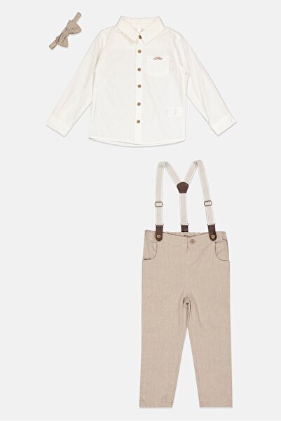 Little Gent Toddlers Boy 4 Pieces Solid Pants, Shirt, Bow Tie And Detachable Suspender Belts, White
