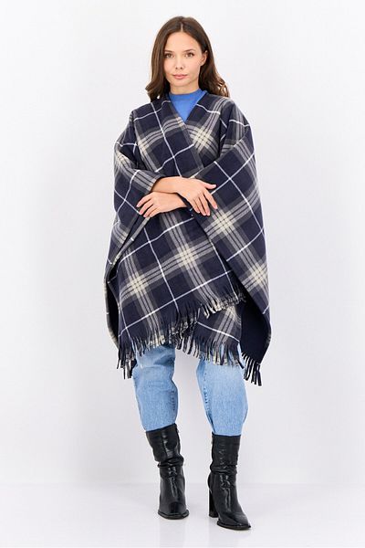 London Fog Women Plaid Ruana Poncho, Navy