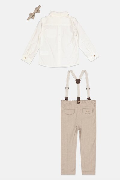 Little Gent Toddlers Boy 4 Pieces Solid Pants, Shirt, Bow Tie And Detachable Suspender Belts, White
