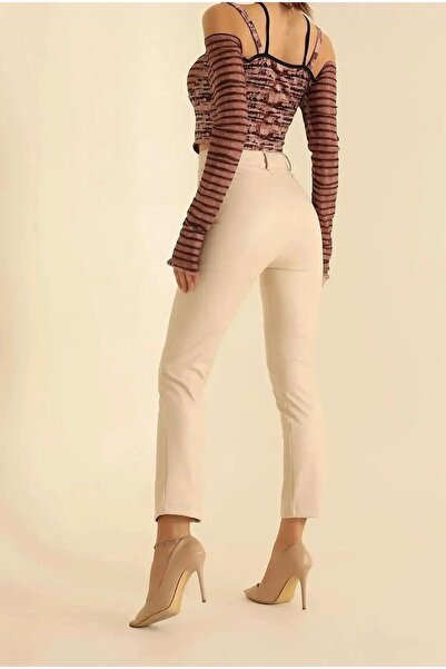 Freya Çimalı Düğmeli Şardonlu Likralı Yumuşak Deri Pantolon