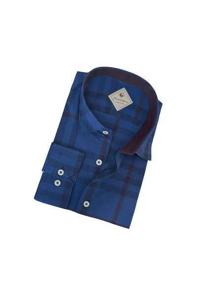 EREN STYLE Cămașă pentru bărbați, din bumbac, cu mânecă lungă, cu linie albastră, blocată (Slim Fit Fit)
