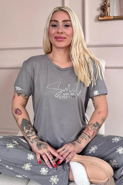 Pijamaevi Set de pijamale pentru femei cu mânecă scurtă din bambus cu model Gray Smile Everyday
