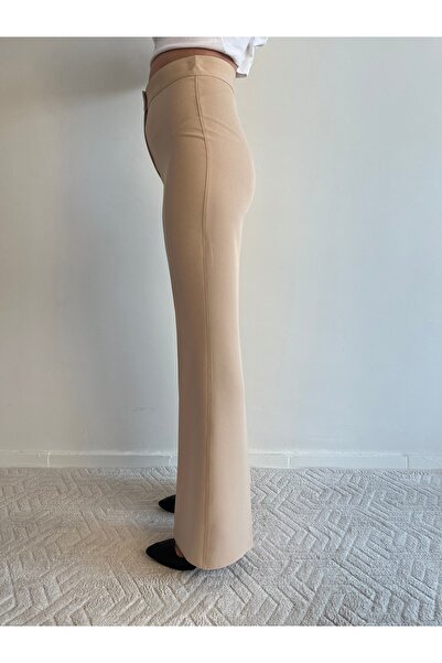 Genel Markalar Taş Rengi Yüksek Bel Fermuarlı İspanyol Paça Pantolon