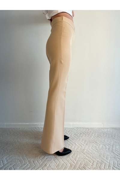 Genel Markalar Taş Rengi Yüksek Bel Fermuarlı İspanyol Paça Pantolon