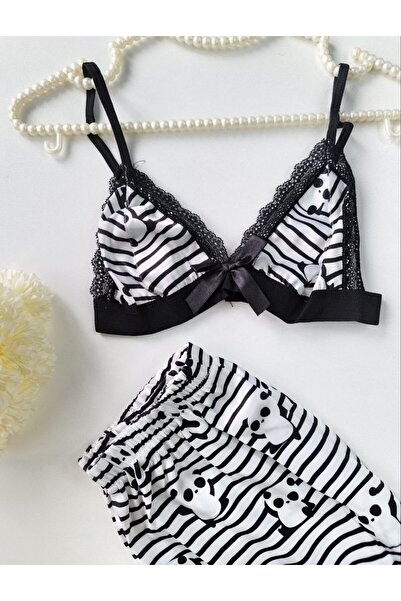 Veille Μαύρο και άσπρο γλυκό σετ πιτζάμες με σορτς και πάντζαρο