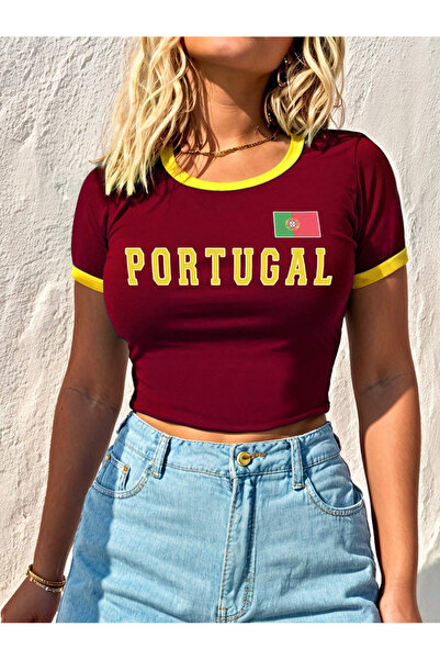 Richarlison Kadın Bordo Portugal Baskılı %100 Pamuklu Kısa Kollu Slimfit Likralı Crop