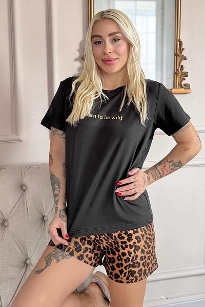 Pijamaevi Μαύρο Born to Be Wild Leopard Print Πλεκτό Γυναικείο Σετ Πιτζάμες με κοντομάνικο σορτς