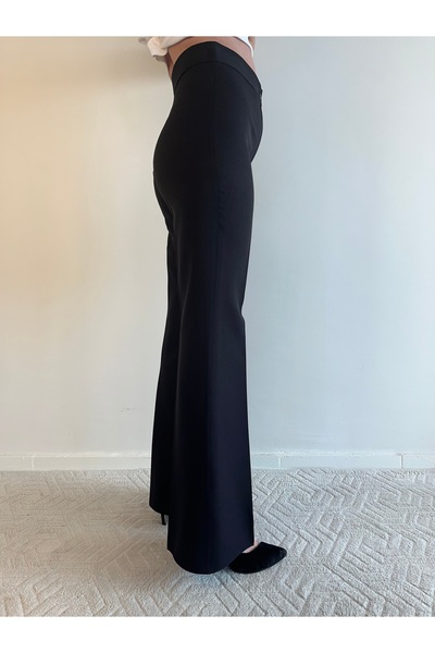 Genel Markalar Siyah Yüksek Bel Fermuarlı İspanyol Paça Pantolon