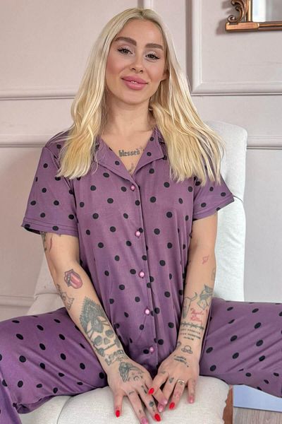 Pijamaevi Lilac Royal Dots Patterned Bamboo Front Buttoned Short Sleeve Pajama Set