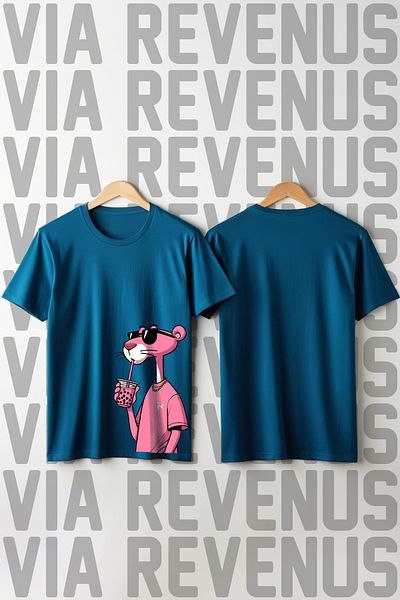 Vordevia Tricou negru unisex cu decolteu rotund cu imprimeu Pantera Roz