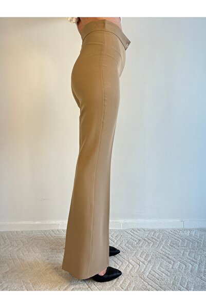 Genel Markalar Vizon Rengi Yüksek Bel Fermuarlı İspanyol Paça Pantolon
