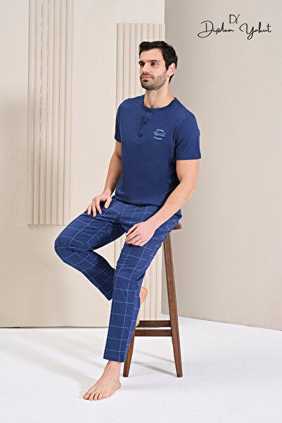 DİĞDEM YAKUT Erkek - Mavi Bisiklet Yaka Düğmeli Kısa Kollu Rahat Süprem Alt Üst Pijama Takımı
