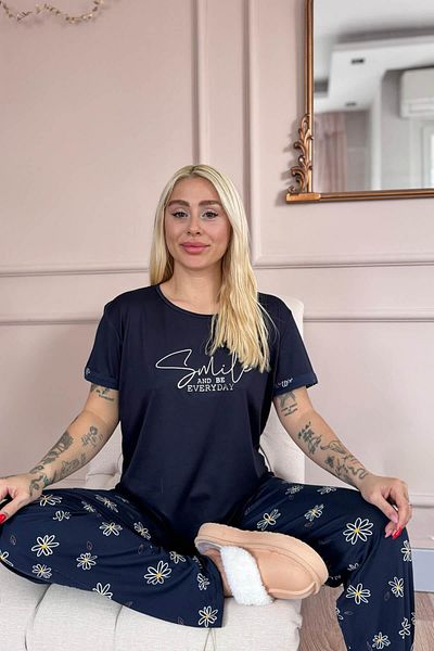 Pijamaevi Navy Blue Smile Everyday Patterned Bamboo Short Sleeve Women's Pajama Set