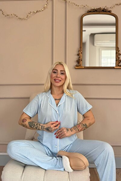 Pijamaevi Blue Sofistic Front Buttoned Short Sleeve Women's Pajama Set
