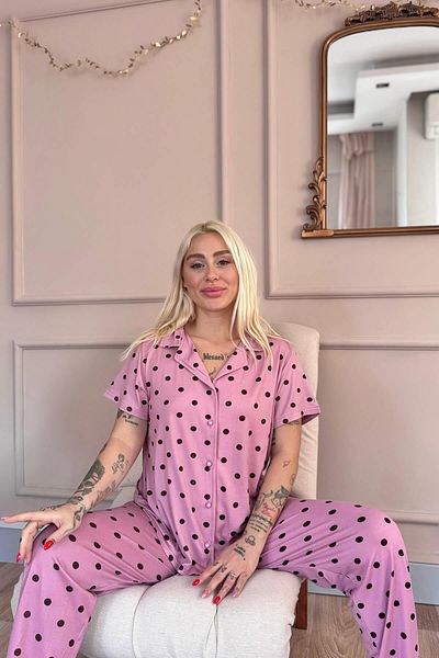 Pijamaevi Powder Royal Dots Patterned Bamboo Front Buttoned Short Sleeve Pajama Set