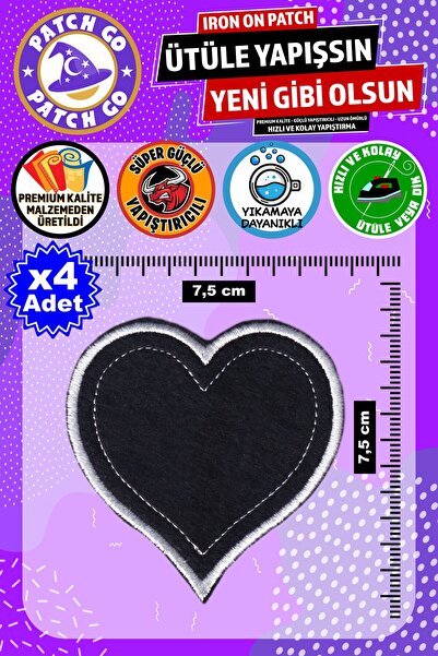 Patch Go Ütü ile Yapışan Arma, Siyah Kalp (4 Adet), Ütüyle Yapışan Nakış Doku...
