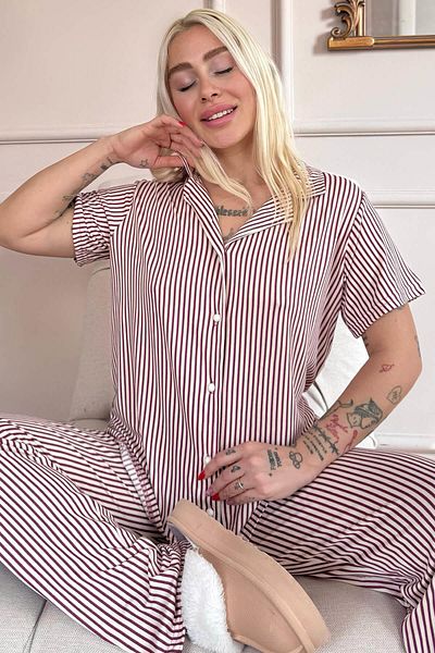Pijamaevi Plum Striped Patterned Bamboo Front Buttoned Short Sleeve Pajama Set