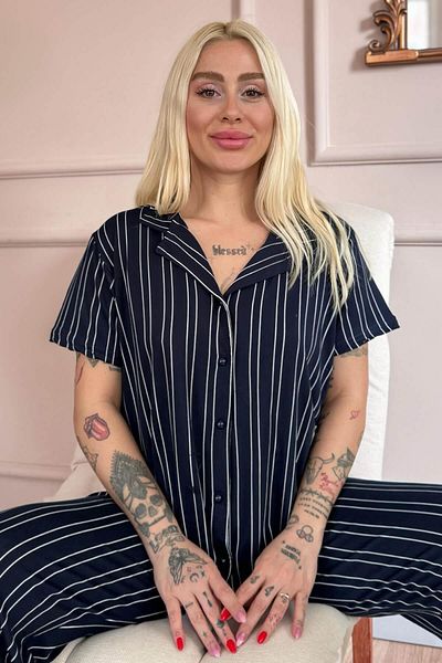 Pijamaevi Navy Blue Striped Patterned Bamboo Front Buttoned Short Sleeve Pajama Set