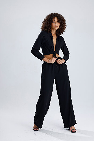 Sense Wide Leg Dupai Trousers with Flexible Waist Pocket Detail |   Pnt36144 Black