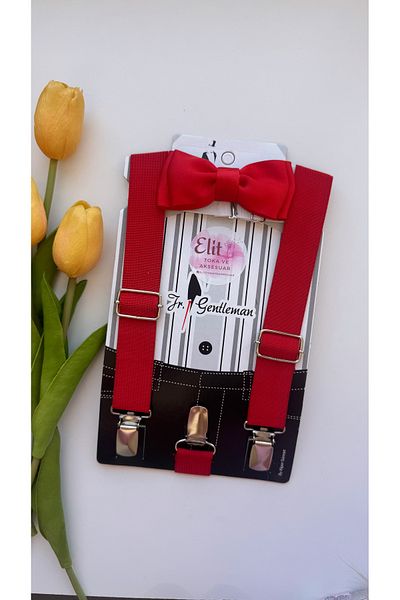 Elit Red Color Trouser Suspender and Bow Tie Set - April 23, 2-10 Years