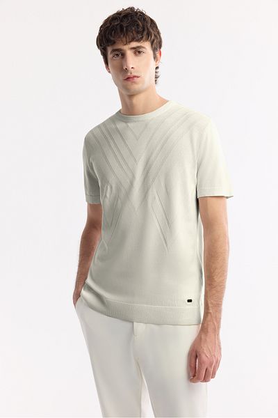 Avva Men's Ecru Crew Neck Geometric Pattern Detailed Knitwear T-Shirt A51Y5163