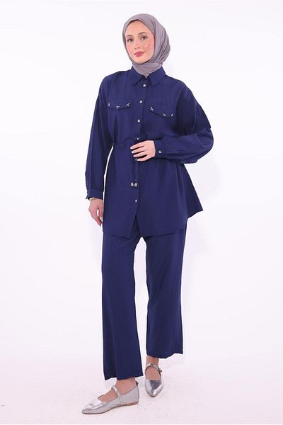 TRENDTESETTÜR Γυναικείο πουκάμισο Navy Blue με παντελόνι γιακά T 0374