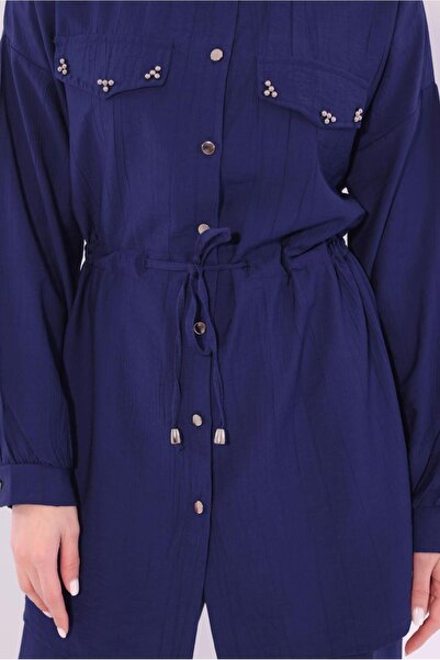 TRENDTESETTÜR Women's Navy Blue Shirt Collar Trousers Suit t 0374