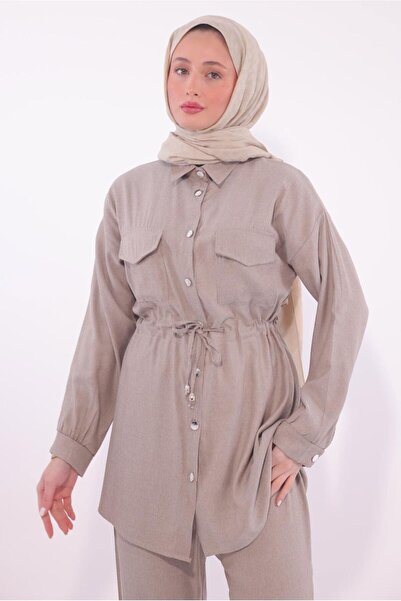 TRENDTESETTÜR Women's Beige Shirt and Collar Pants Suit t 6574