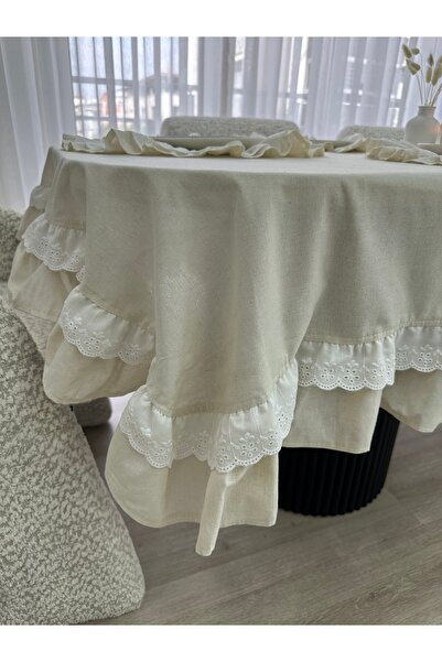 eyma home Raw Linen Scallop Ruffle Tablecloth 140 cm 180 cm