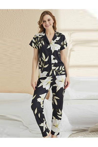 JENİKA Black Green Leaf Patterned Buttoned 2-Piece Women's Pajama Set