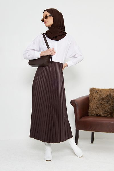 RTBUTİK Σοκολατένια δερμάτινη φούστα με πλισέ Hijab, Hijab φούστα, Γυναικεία φούστα δώρου, Κομψή φούστα, μακριά φούστα