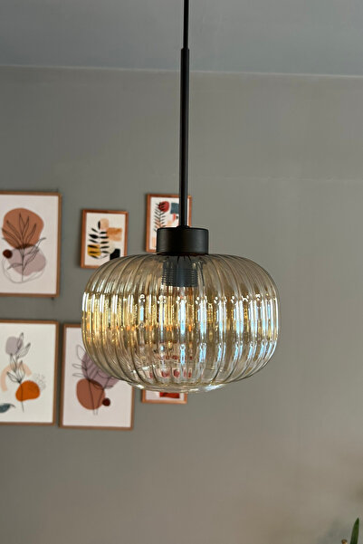 Bamyum Mola Cam Bal Rengi Tekli Avize Ince Siyah Başlık Retro Sarkıt Lamba Restoran Salon Aydınlatma