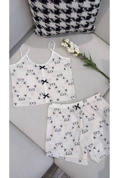 Tradinyom Cat Print Tank Top and Shorts Pajama Set White Set