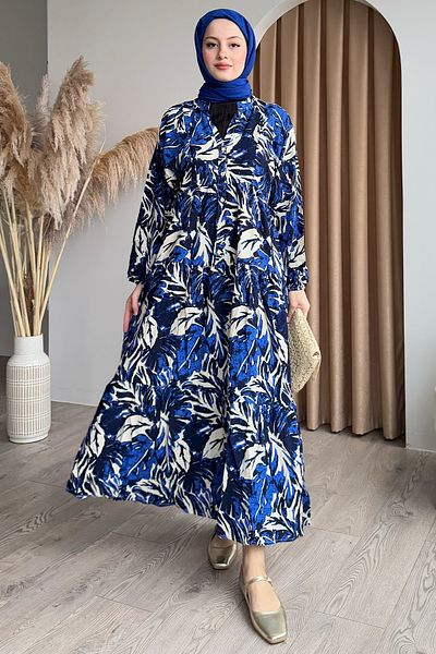 InStyle Rochie abstractă cu mânecă cu balon Indigo din viscoză