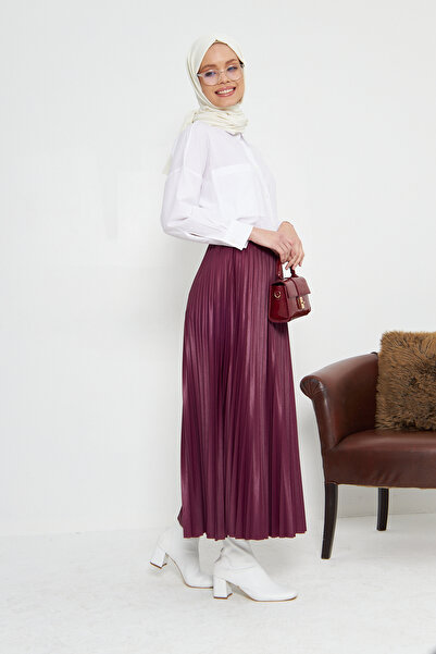 RTBUTİK Plum Leather Look Pleated Hijab Skirt, Hijab Skirt, Women's Gift Skirt, Stylish Skirt, Long Skirt