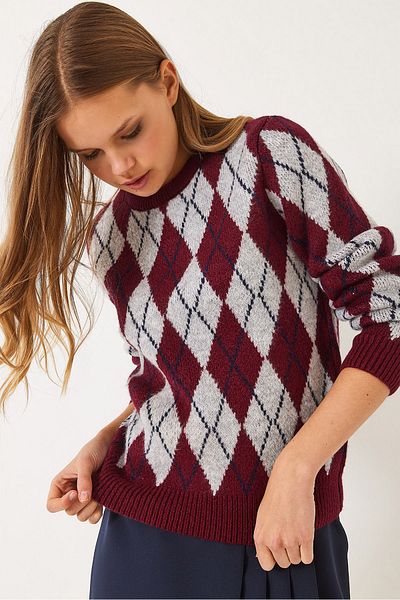Bianco Lucci Pulover de damă cu decolteu rotund cu model Argyle 241192 60261036