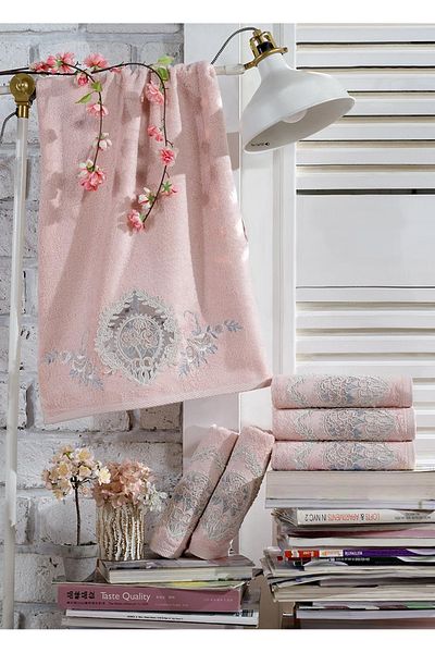 Dantela Kod-6000 50 X 90 Bamboo French Guipure & Embroidered 6 Piece Hand Towels - Powder