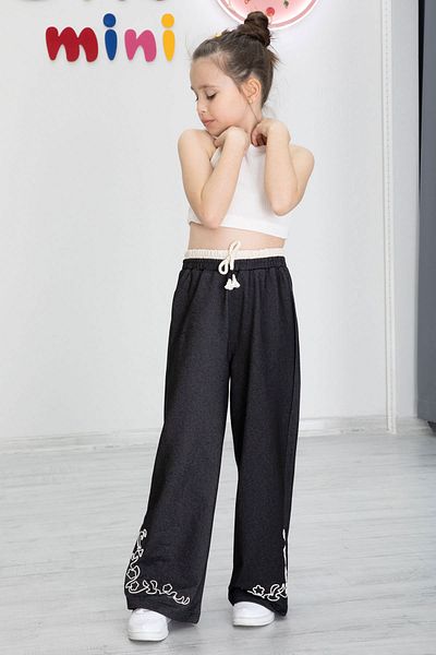 Cansın Mini Black Wide Leg Girl's Wide Leg Trousers with Embroidery Detail 20490