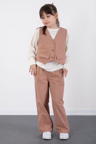 Cansın Mini Brown Stripe Patterned Vest, Wide Leg Trousers, Girl's Badge 3 Piece Set 20492