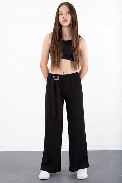 Cansın Mini Black Belt Detailed Wide Leg Girl's Knitted Patterned Trousers 20488