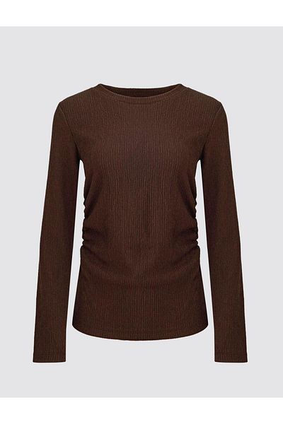 Jimmy Key Bitter Coffee Crew Neck Long Sleeve Straight Cut Knitted Blouse