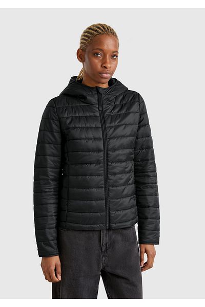 United Colors of Benetton Palton negru pentru femei, umplut cu poliester, cu glugă, cu fermoar