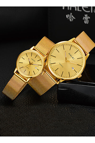 ETG HALEI Couple Pair Quartz Watch Calendar Stainless Steel Mesh Strap Simple Style 8025ML