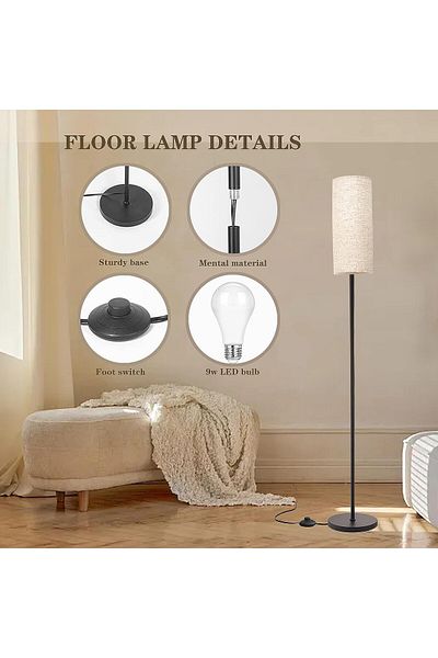 COOYA مصباح أرضي، 3 درجات حرارة ألوان LED، مع غطاء مصباح من الكتان، ومفتاح قدم، لغرفة المعيشة/غرفة النوم