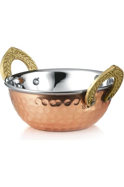 Kedge 5 Por Stainless Steel & Copper Hammered Round Karahi with Brass Handle, 2L Capacity