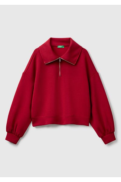 United Colors of Benetton Hanorac de damă, roșu Claret, în amestec modal, cu jumătate de fermoar, cu gât polo