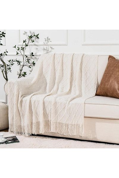 COOYA Knitted Throw Blankets for Couch and Bed,Soft Cozy Knit Blanket with Tassel