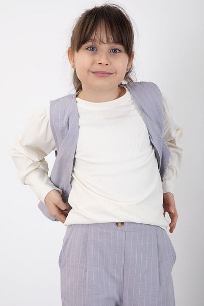 Cansın Mini Gray Stripe Patterned Vest and Wide Leg Trousers Girl's Badi 3 Piece Set 20494