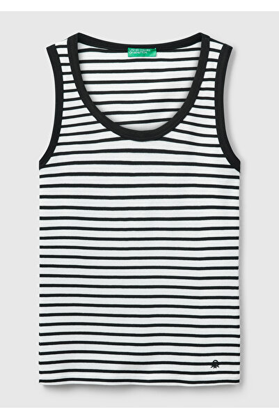 United Colors of Benetton Γυναικείο λευκό 100% βαμβακερό ριγέ λογότυπο με λεπτομέρεια κανονική εφαρμογή